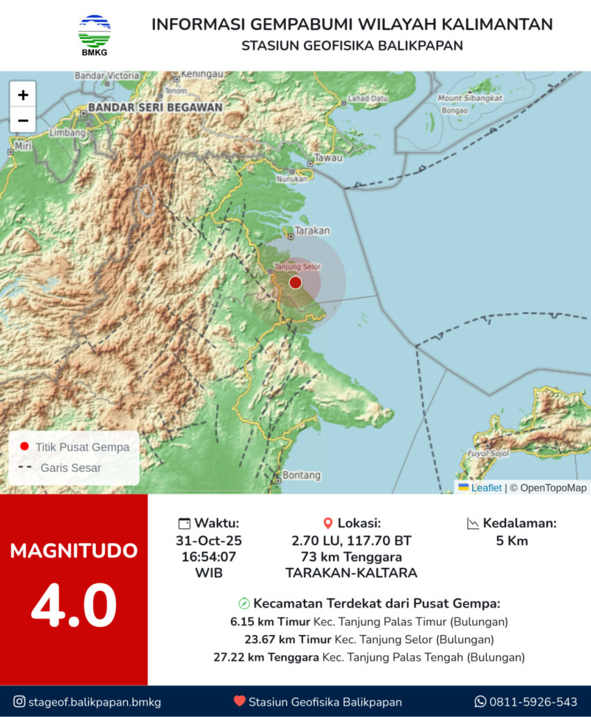 Info BMKG. Peta lokasi pusat gempa bumi bermagnitudo 4,0 yang terjadi di wilayah Tanjung Selor, Kalimantan Utara, Jumat (31/10/2025) pukul 16.54 WIB. BMKG memastikan gempa berasal dari aktivitas sesar lokal dan tidak menimbulkan dampak kerusakan.
