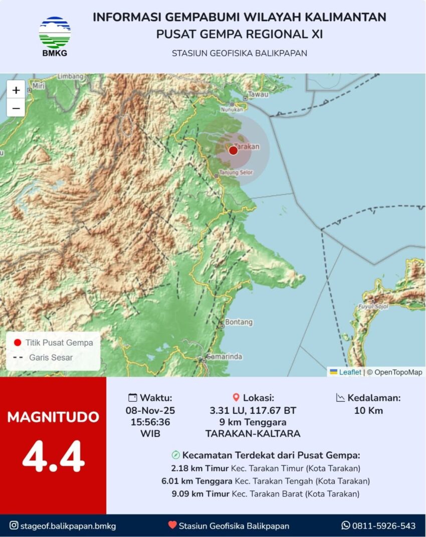 Peta episentrum gempa bumi M4,4 yang mengguncang Kota Tarakan, Sabtu (8/11/2025) sore. BMKG mencatat pusat gempa berada di laut, sekitar 9 kilometer tenggara Tarakan dengan kedalaman 10 kilometer. Tidak ada potensi tsunami. Sumber: BMKG Stasiun Geofisika Balikpapan.