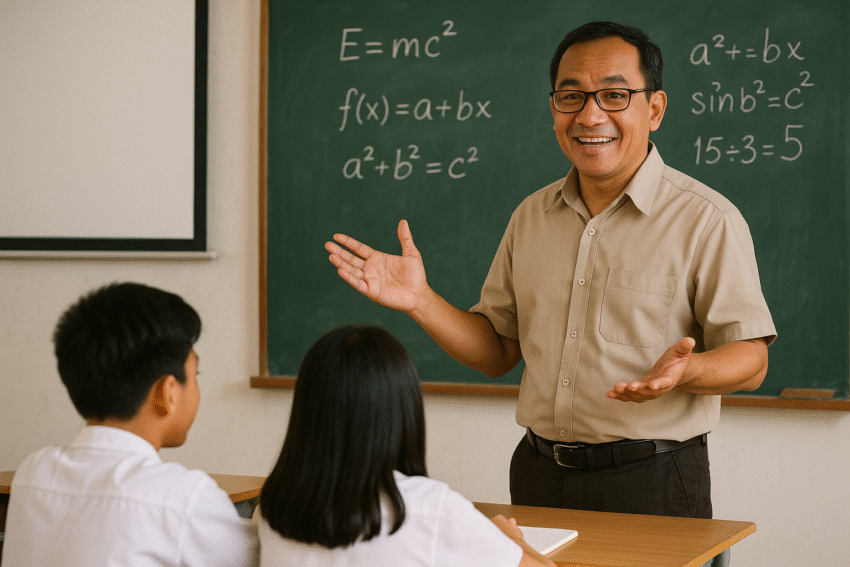 Seorang guru membimbing siswa dengan pendekatan dialogis sebagai wujud perannya membentuk karakter dan pengetahuan generasi muda.